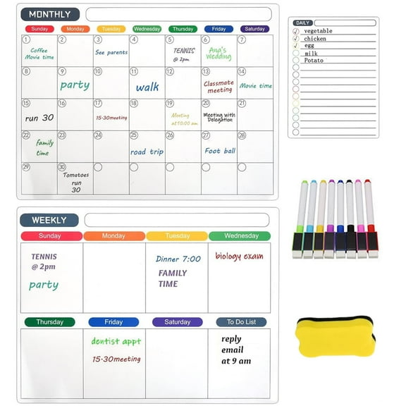 3-Pack Dry Erase Magnetic Calendar for Refrigerator,Monthly & Weekly & Daily Planner,Magnetic whiteboard calendar suitable for refrigerators and walls