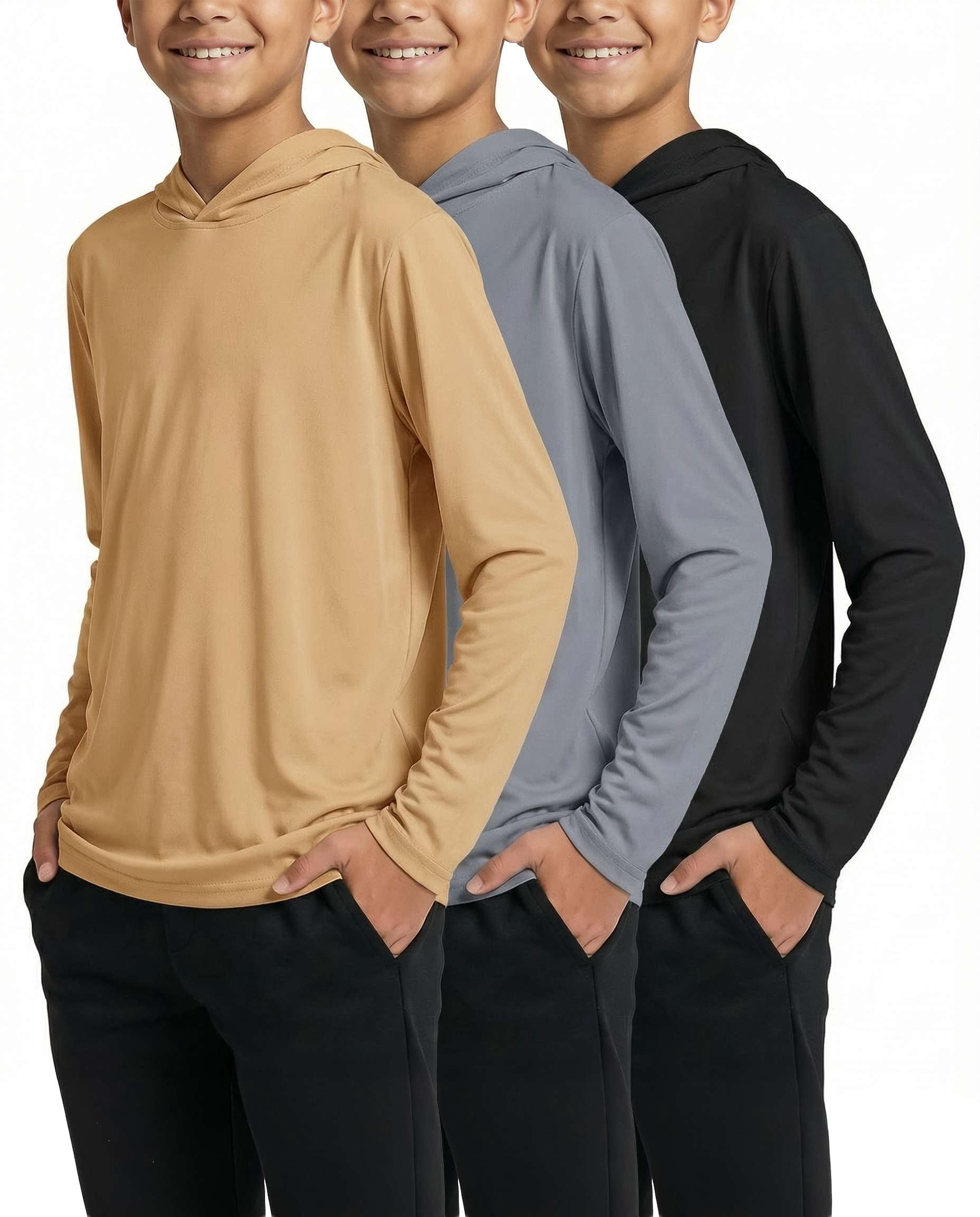 Real Essentials 3 Pack: Dry-Fit Youth Boys Teen Active Long Sleeve Hoodie Sweatshirts - Hooded Pullover Shirts