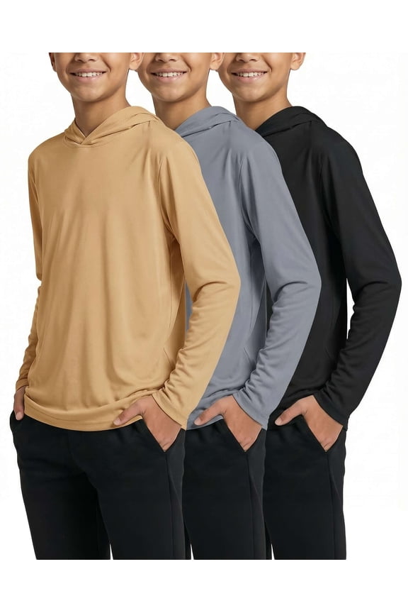 3 Pack: Dry-Fit Youth Boys Teen Active Long Sleeve Hoodie Sweatshirts - Hooded Pullover Shirts
