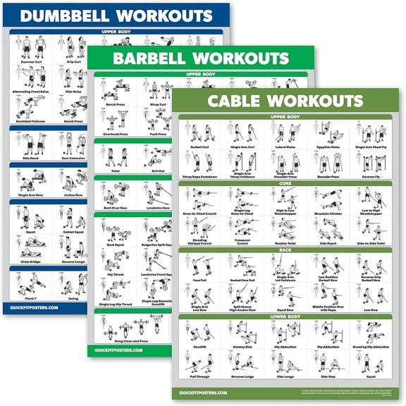 3 Pack - Dumbbell Workouts + Barbell Exercises + Cable Machine Workouts - Set of 3 Workout Charts (LAMINATED, 18 x 24)