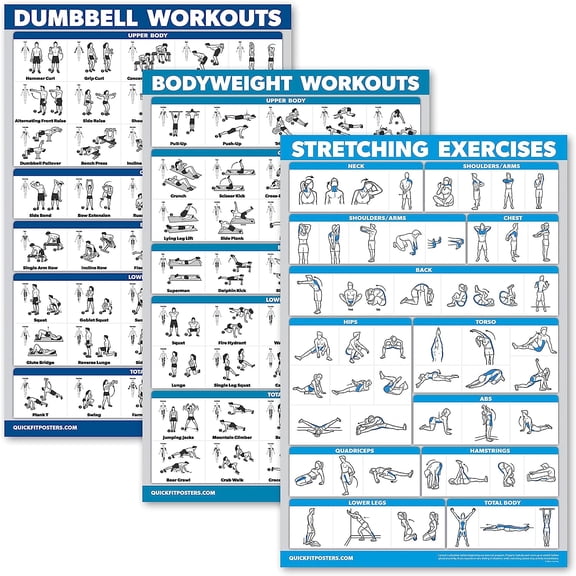 3 Pack, Dumbbell Workouts + Bodyweight Exercises + Stretching Routine Poster Set - Set of 3 Workout Charts (Laminated, 18" x 24")