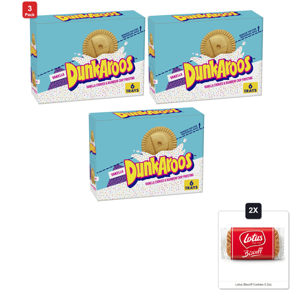 3 Pack | Dunkaroos Vanilla Cookies And Vanilla Frosting With Rainbow Sprinkles, 6 Ct & 2x Lotus Biscoff Cookies 0.2oz