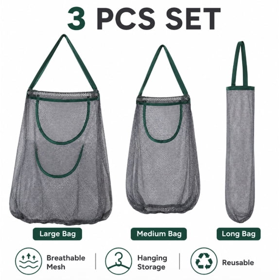 3 Pack Hanging Mesh Storage Bags for Fruits, Vegetables, Garlic, Potatoes and Onions, TIKA