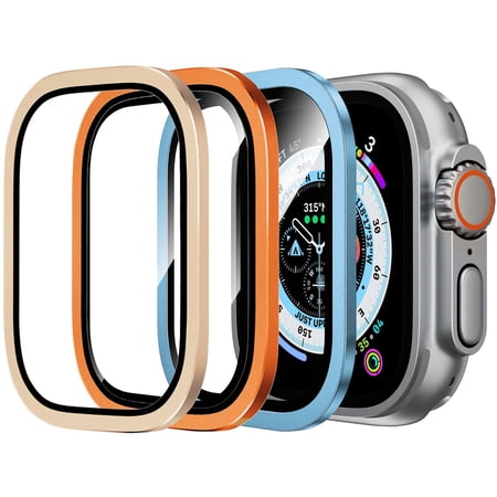 [3 Pack] Dwitch for Apple Watch Ultra 2 / Ultra Screen Protector 49mm,9H HD Tempered Glass & Titanium Alloy Frame,[Scratch-resistant]/[Keep Original] Glass Film for iwatch 49mm,Blue/Gold/Orange