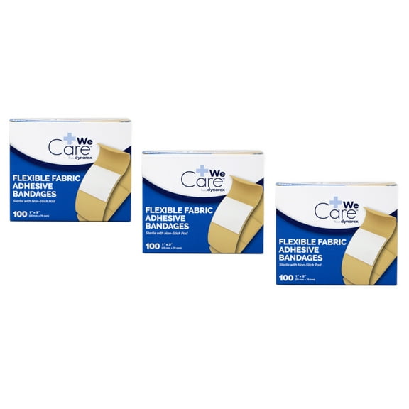 3 Pack - Dynarex Adhesive Flexible Fabric Sterile Bandages 1 X 3 Inches 100 Ea