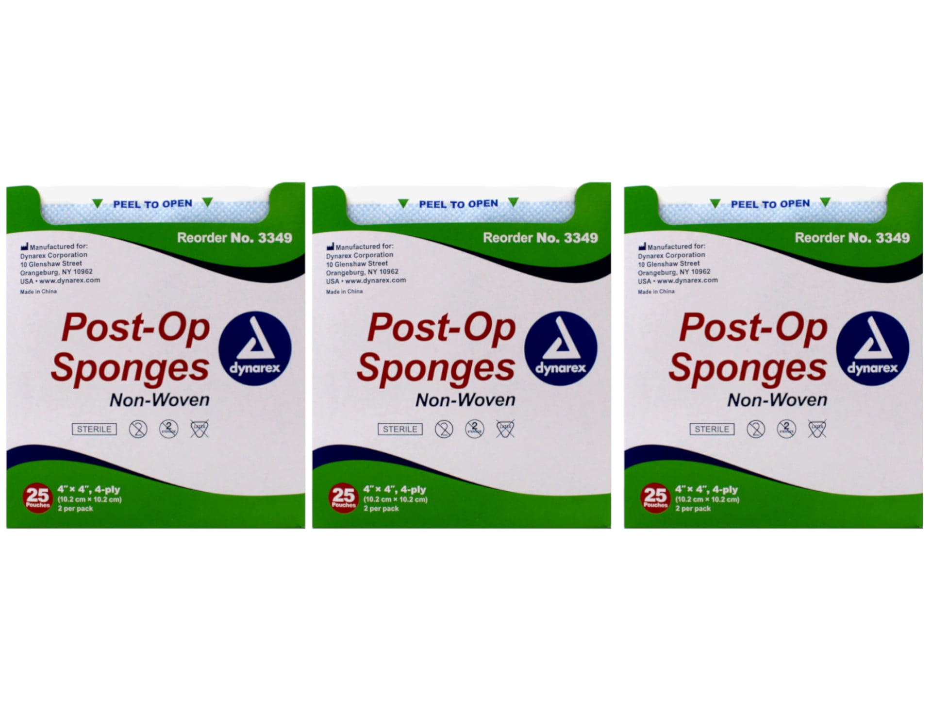 3 Pack Dynarex Gauze Post-Op Sponges Sterile 4" X 4", 4-Ply, Count: 25 x 2 Each