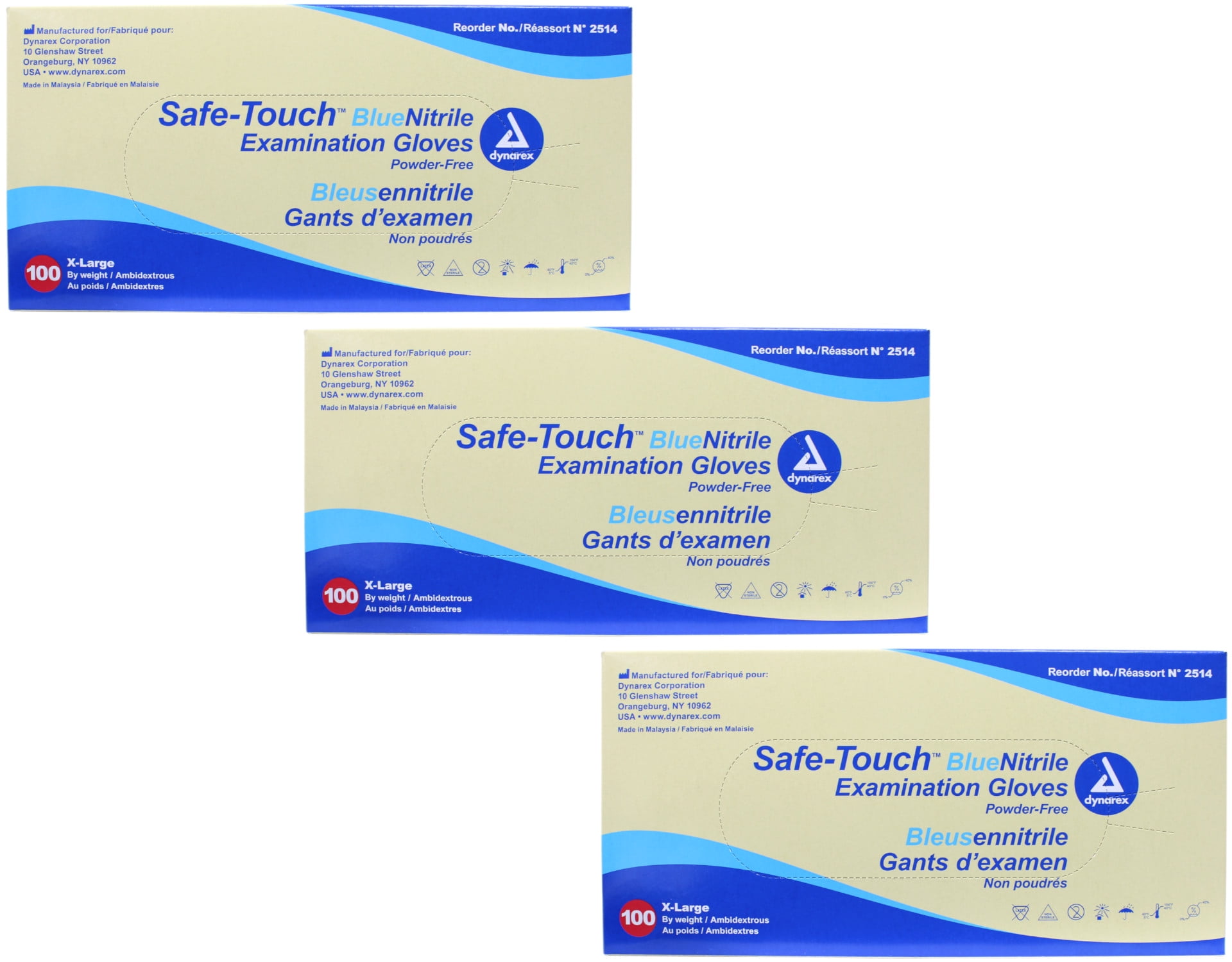 3 Pack Dynarex Safe Touch Blue Nitrile Exam Gloves XL Powder Free 2514