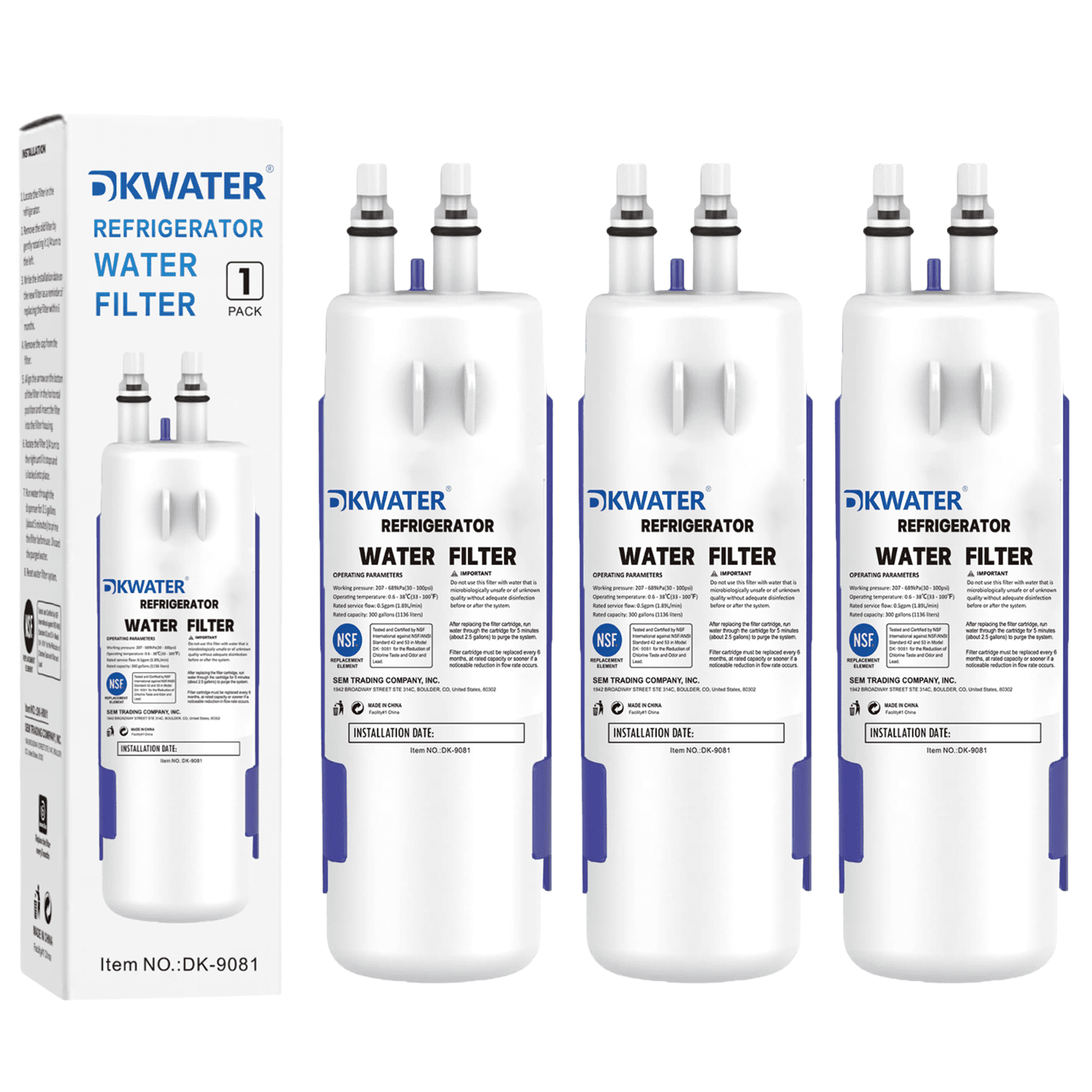 DKWATER NSF Certified Carbon Refrigerator Water Filter 3-Pack Compatible with W10295370A, EDR1RXD1B, 9081