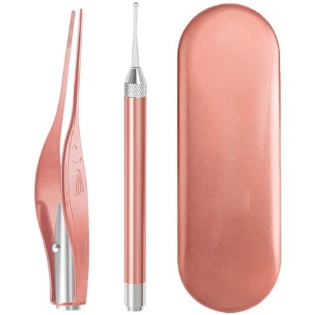 3 Pack Ear Wax Removal Tool with Light-Ear Pick Cleaner Kit for Humans,Earwax Spoon Digger & Tweezers for Ear Health Care Gift Set with Case (Gold)