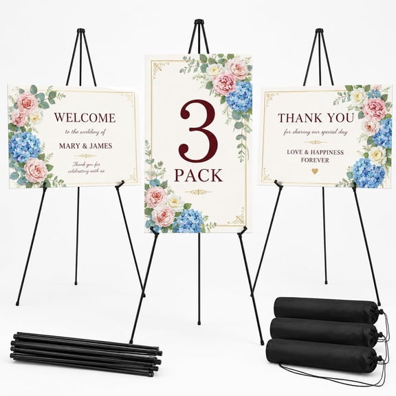 3 Pack Easel Stand for Sign, 63 Inch Portable Display Easel Stand, Black Metal Floor Easel for Wedding Welcome Sign, Poster Board, Party, Presentation, Event Display with Storage Bags