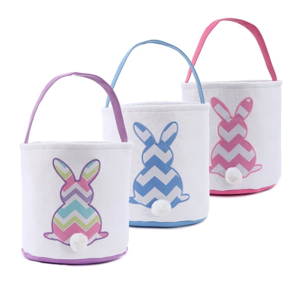 3 Pack Easter Bunny Basket Bags for Kids, Stripe Rabbit Pattern Egg Basket Hunt Bags Personalized Canvas Cotton Bucket with Fluffy Tail for Easter Eggs, Candy, Gift (Multi-Stripe, Blue, Pink)