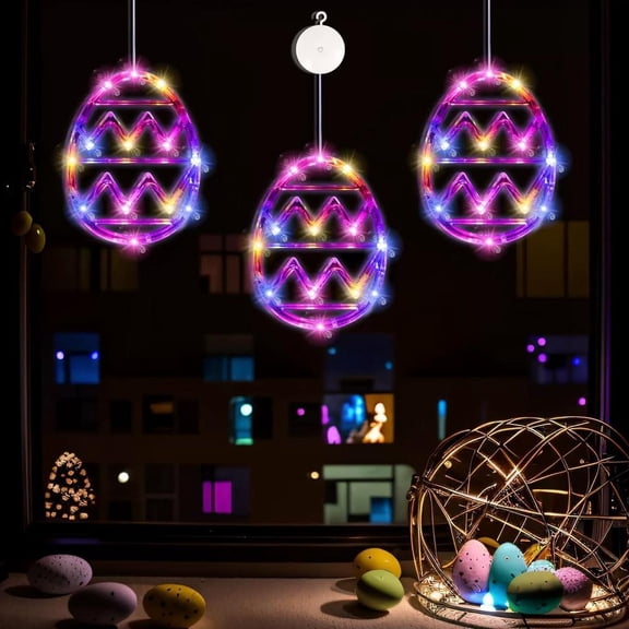 3 Pack Easter Lights for Window,Easter Window Hanging Lights Decorations LED Egg Shaped Battery Operated with Suction Cup for Home Bedroom Decor