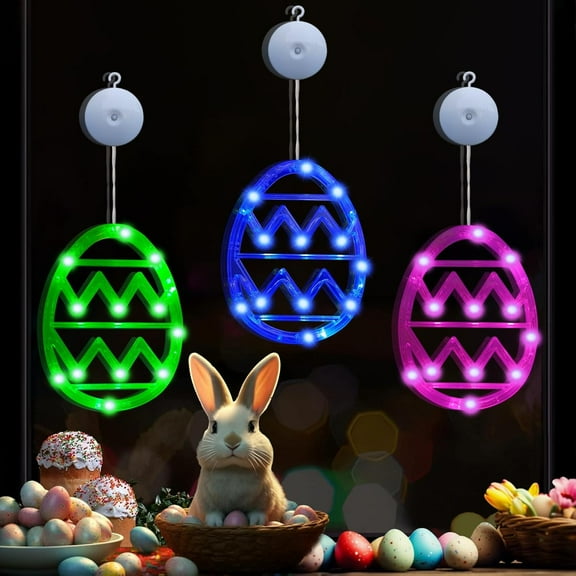 3 Pack Easter Window Lights Hanging Decorations Yellow Blue Pink Easter Egg Lights with Suction Cup, Outdoor Easter Decorations Indoor Battery Operated Easter Lights for Home Door Wall Easter Decor