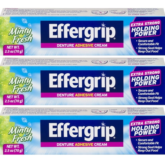 3 Pack Effergrip Extra Strong Denture Adhesive Cream Zinc Free 2.5oz Each
