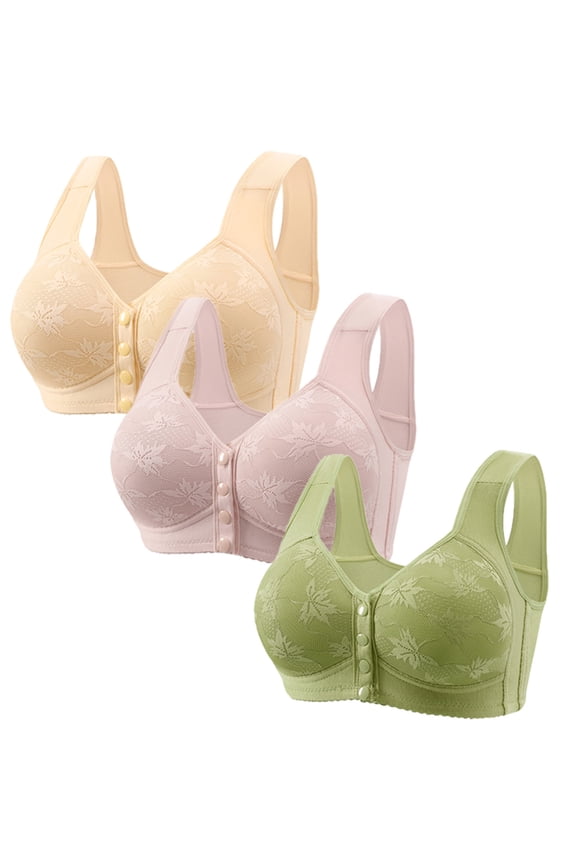 3 Pack Elderly Women Button Front Closure Full Coverage Bras Seamless Cotton Everyday Soft Cup Wirefree Bras