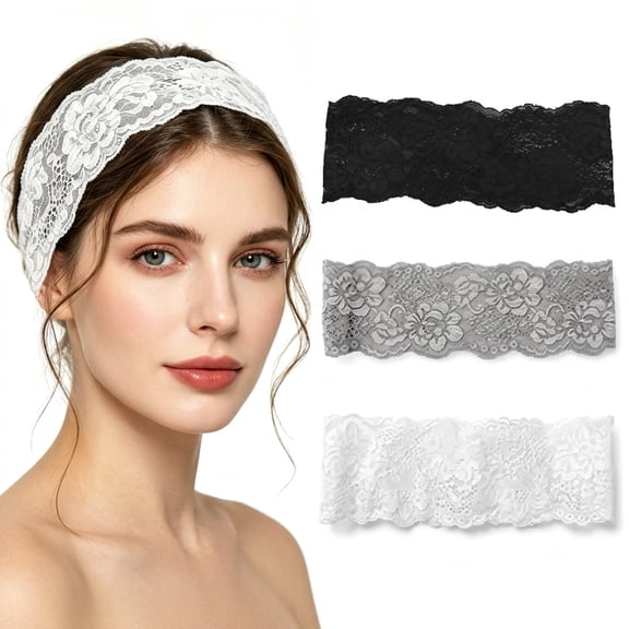 3-Pack Elegant Rose Lace Headbands, Floral Pattern Wide Stretchy Fit for Daily Styling Soft Headwraps for Daily Wear, Makeup, Yoga, and Light Academia Cute Gift for Mom Wife