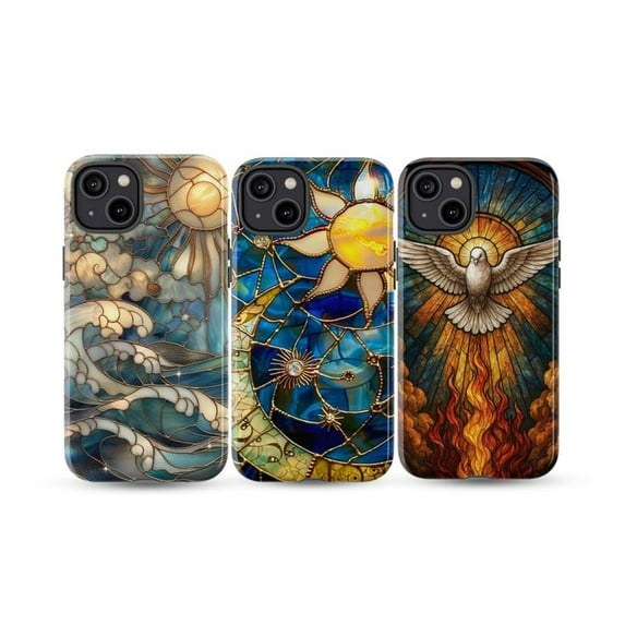3 Pack Elemental Phone Case Set, Sun, Sea, Spirit Design in Stained Glass Style Phone Cover for iPhone 16 15 14 13 12 11 Plus Pro Max Mini