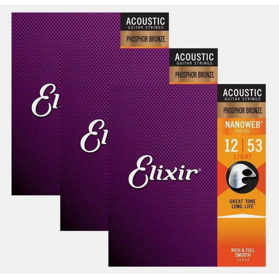 3-Pack! Elixir Light 12-53 Acoustic Phosphor Bronze Nanoweb 16052