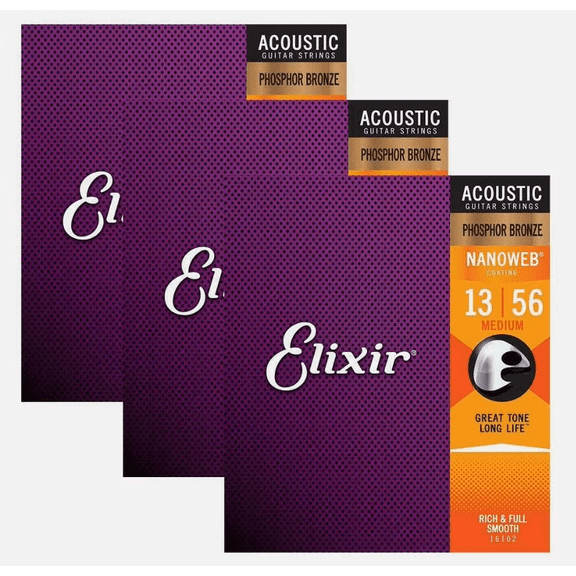 Elixir 3-pack Phosphor Bronze Acoustic Guitar Strings Medium 13-56 Nanoweb 16102