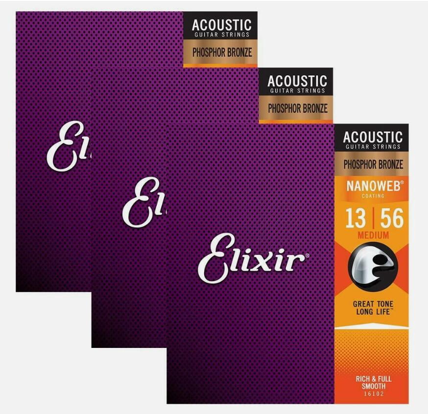 3-Pack! Elixir Medium 13-56 Acoustic Phosphor Bronze Nanoweb 16102