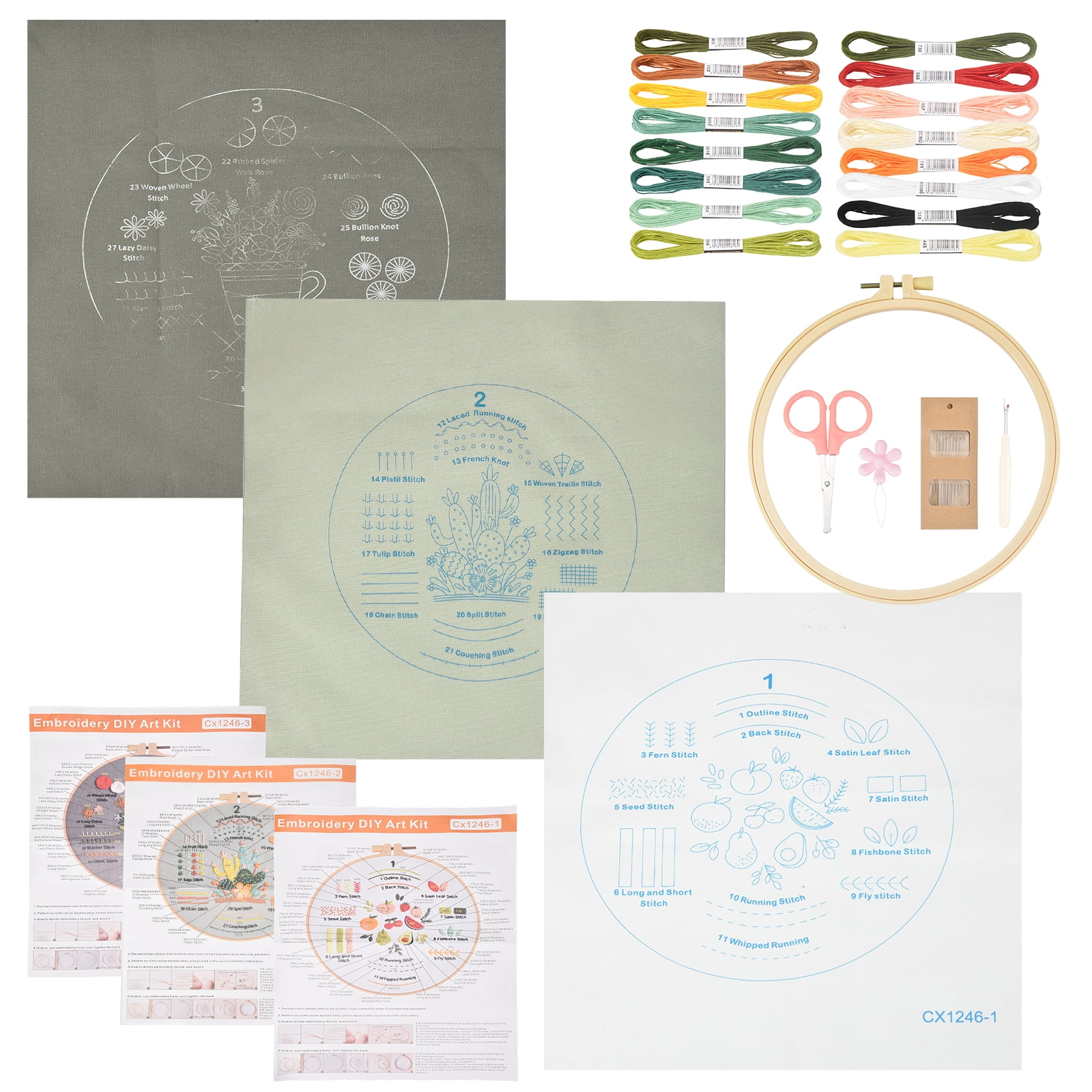 3 Pack Embroidery Kit for Beginners, Cross Stitch Kits with Stamped Practice Flowers Patterns with 20cm Hoop & Colorful Threads for Adults DIY Sewing Supplies