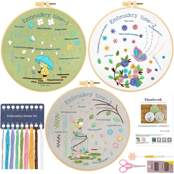 3 Pack Embroidery Kit for Beginners, Sewing Cross Stitch Practice Kit to Learn 24 Different Stitch, Embroidery Starter Kit with Stamped Cloth Hoops Threads and Needles