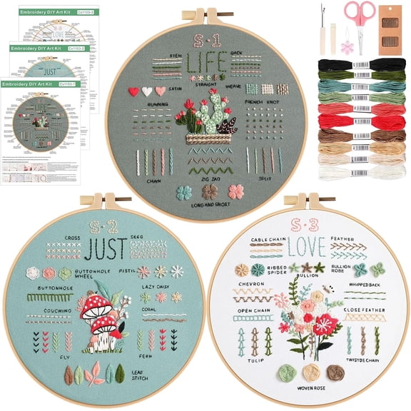 3 Pack Embroidery Kit for Beginners, Sewing Cross Stitch Practice Kit to Learn 35 Different Stitch, Embroidery Starter Kit with Stamped Cloth Hoops Threads and Needles