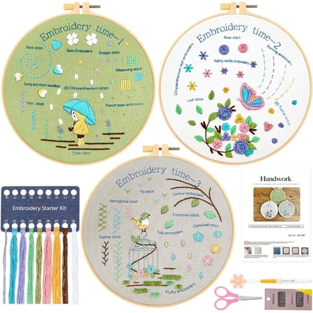 3 Pack Embroidery Kit for Beginners, Sewing Cross Stitch Practice Kit to Learn 24 Different Stitch, Embroidery Starter Kit with Stamped Cloth Hoops Threads and Needles