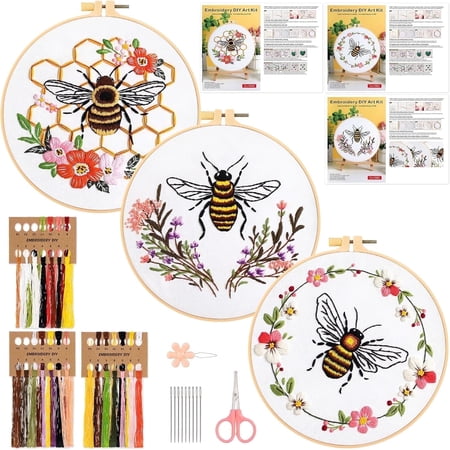 3 Pack Embroidery Kit for Beginners, Sewing Cross Stitch Starter Set with Bee Flower Pattern Stamped Cloth Hoops Threads Needles and Scissors, DIY Handmade Sewing Crafts