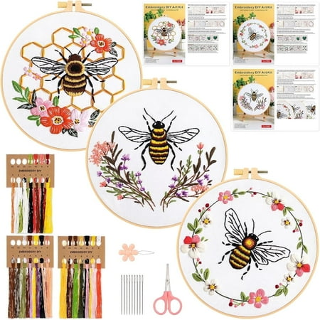 3 Pack Embroidery Kit for Beginners, Sewing Cross Stitch Starter Set with Bee Flower Pattern Stamped Cloth Hoops Threads Needles and Scissors, DIY Handmade Sewing Crafts