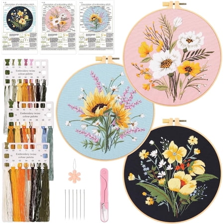 3 Pack Embroidery Kit for Beginners, Sewing Cross Stitch Starter Set with Flowers Pattern Stamped Cloth Hoops Threads and Needles, DIY Handmade Sewing Crafts