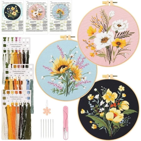 3 Pack Embroidery Kit for Beginners, Sewing Cross Stitch Starter Set with Flowers Pattern Stamped Cloth Hoops Threads and Needles, DIY Handmade Sewing Crafts