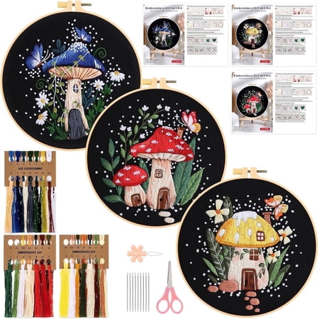 3 Pack Embroidery Kit for Beginners, Sewing Cross Stitch Starter Set with Mushroom Pattern Stamped Cloth Hoops Threads Needles and Scissors, DIY Handmade Sewing Crafts