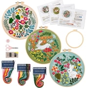 3 Pack Embroidery Kit for Beginners, Sewing Cross Stitch Starter Set with Rabbit and Flowers Pattern Stamped Cloth Hoops Threads Needles and Scissors, DIY Handmade Sewing Crafts