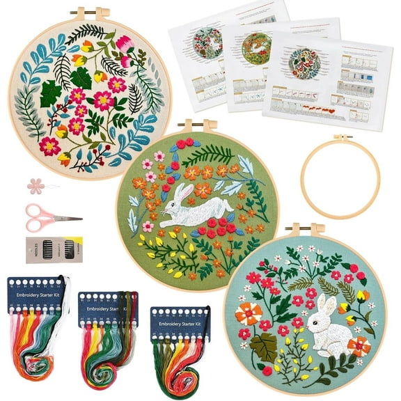3 Pack Embroidery Kit for Beginners, Sewing Cross Stitch Starter Set with Rabbit and Flowers Pattern Stamped Cloth Hoops Threads Needles and Scissors, DIY Handmade Sewing Crafts