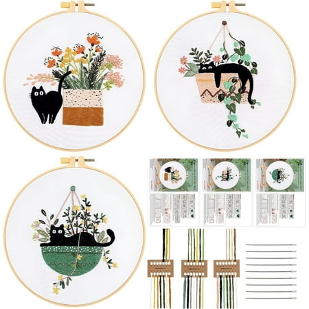 3 Pack Embroidery Kit for Beginners, Full Range Hand Sewing Starter Set Craft Stamped Cloth with Cat Pattern Hoops Threads Needles for Craft Lover