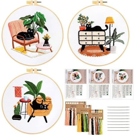 3 Pack Embroidery Kit for Beginners, Handmade Sewing Starter Set Craft Stamped Cloth with Cat Pattern Hoops Threads and Needles