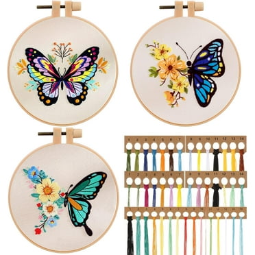 3 Pack Embroidery Kit for Beginners, Sewing Cross Stitch Starter Set Craft Stamped Cloth with Butterfly Flower Pattern Hoops Threads and Needles