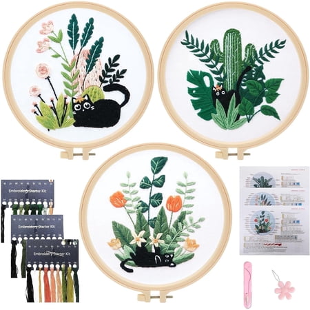 3 Pack Embroidery Kit for Beginners, Sewing Cross Stitch Starter Set Craft Stamped Cloth with Cute Cat Pattern Hoops Threads and Needles