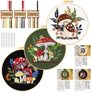 3 Pack Embroidery Kit for Beginners, Sewing Cross Stitch Starter Set Craft Stamped Cloth with Mushroom Pattern Hoops Threads and Needles