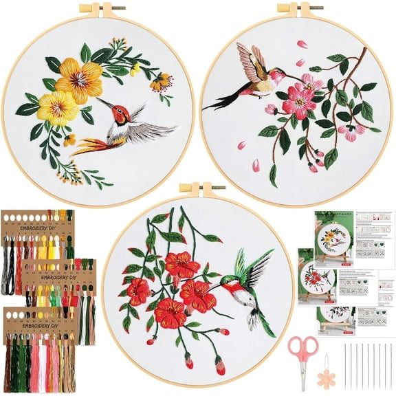 3 Pack Embroidery Kit for Beginners, Sewing Cross Stitch Starter Set with Flowers Birds Pattern Stamped Cloth Hoops Threads and Needles