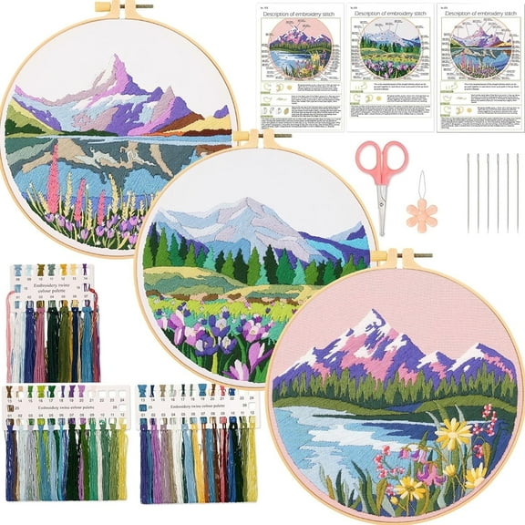 3 Pack Embroidery Kits for Beginners Adults, Landscape Pattern Embroidery Materials, Including Patterned Embroidery Cloth, Embroidery Thread, Needle and Hoop Tools
