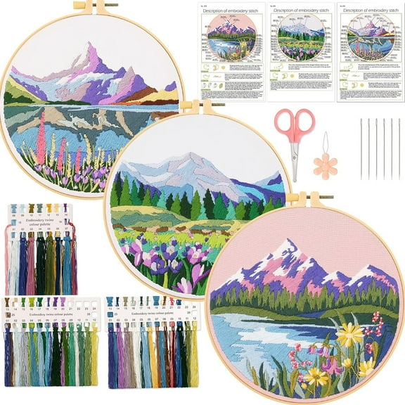 3 Pack Embroidery Kits for Beginners Adults, Landscape Pattern Embroidery Materials, Including Patterned Embroidery Cloth, Embroidery Thread, Needle and Hoop Tools
