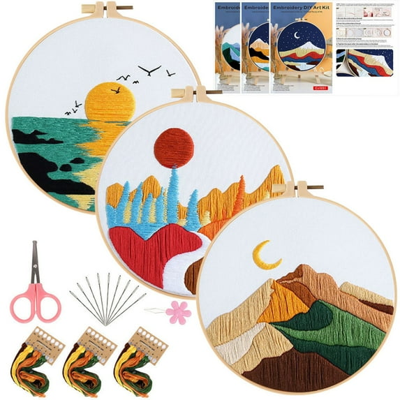 3 Pack Embroidery Kits for Beginners Adults, Stamped Cross Stitch kits for Adult Beginners Embroidery Starter Kit with Pattern +1 Embroidery Hoop + Needles Threads