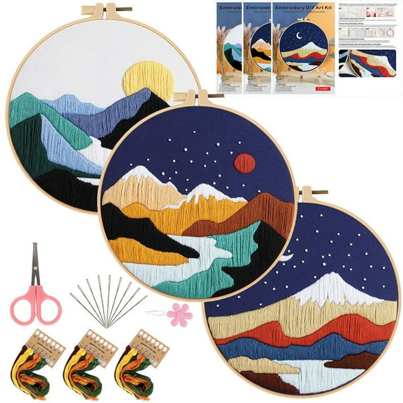 3 Pack Embroidery Kits for Beginners Adults, Stamped Cross Stitch kits for Adult Beginners Embroidery Starter Kit with Pattern +1 Embroidery Hoop + Needles Threads