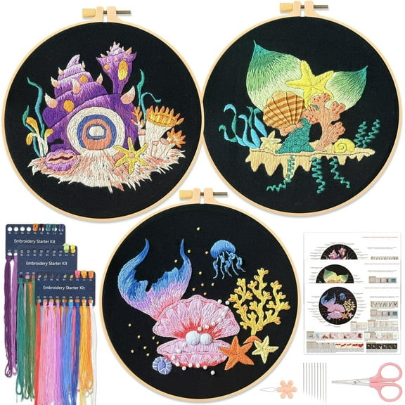 3 Pack Embroidery Kits for Beginners, Conch Shell Stamped Embroidery Starter Kit with Hoop Instructions Threads, DIY Sewing Needlepoint Handmade Kit for Stitch Lover, Crafts Gifts
