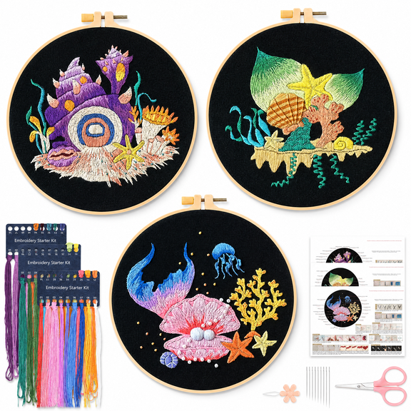 3 Pack Embroidery Kits for Beginners, Fantasy Ocean Embroidery Starter Kit with Hoop, DIY Sewing Needlepoint Handmade Kit for Crafts Gifts