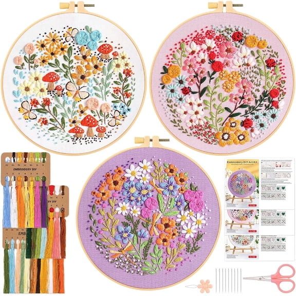 3 Pack Embroidery Kits for Beginners, Full Range of Cross Stitch Embroidery Starter Kits with Flower Stitches Patterns Craft Lover Practice Kit Hand Craft Gift