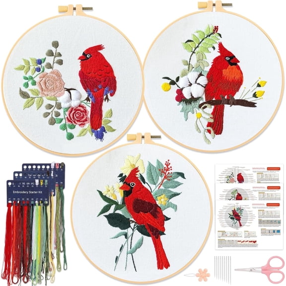 3 Pack Embroidery Kits for Beginners, Red Birds Stamped Embroidery Starter Kit with Hoop Instructions Threads, DIY Sewing Needlepoint Handmade Kit for Stitch Lover, Crafts Gifts