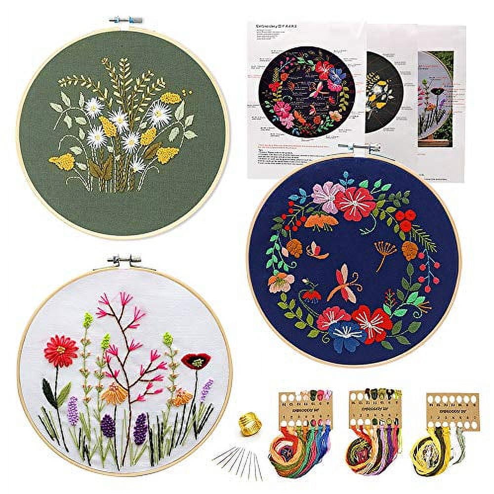 3 Pack Embroidery Starter Kit with Pattern,Hand Crewel Embroidery for  Beginners 7.9 inch,Including Bamboo Hoops,Colorful Thread and  Needles(Floral Style) 